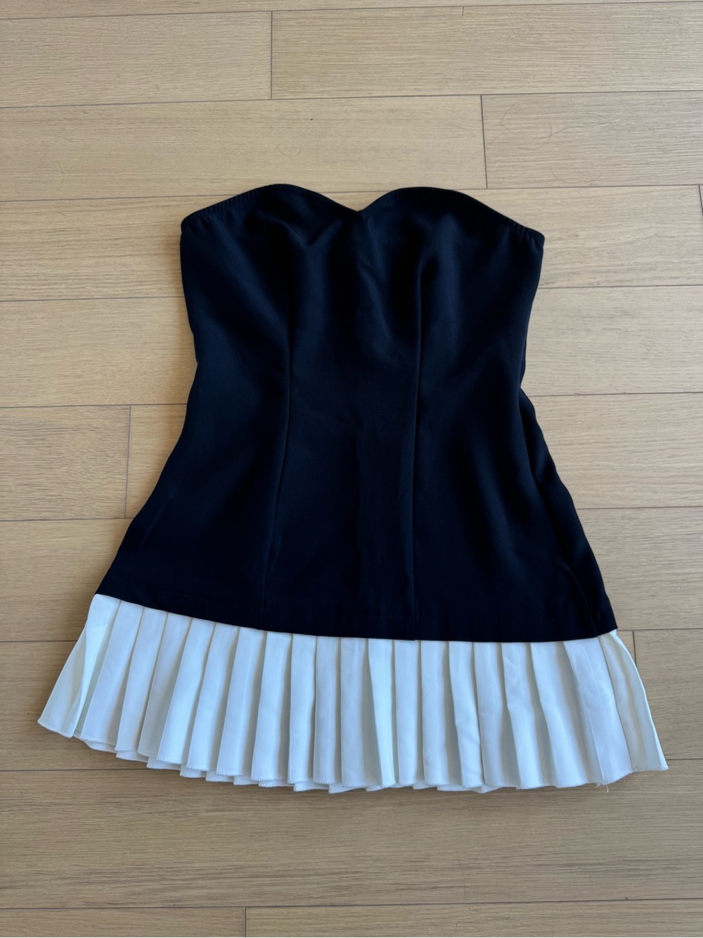 Strapless Black Dress with White Pleated Hem